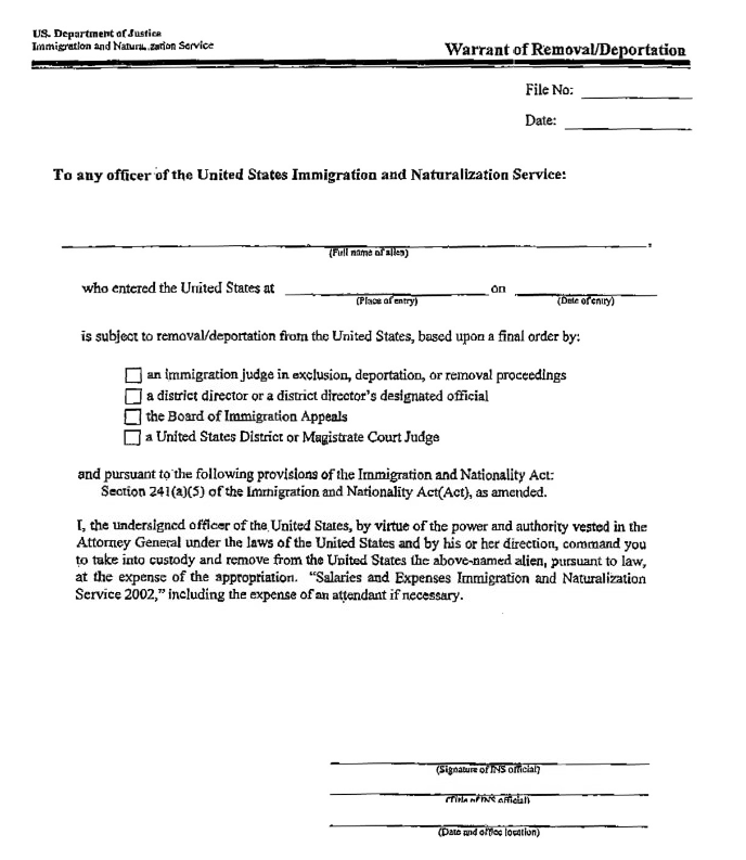 Example of an Administrative Warrant